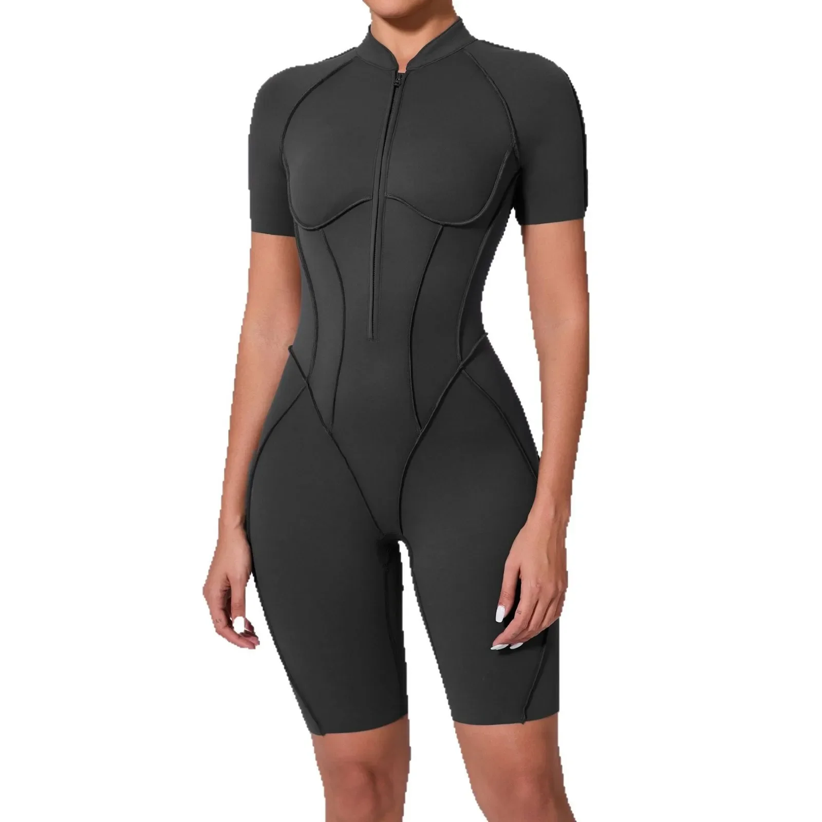 Seamless Yoga Jumpsuits Sports Fitness Zipper Hip-lifting Short-sleeved Backless Dance Workout Gym Shorts Bodysuits for Women image 6