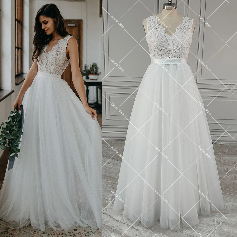 Linia Tulle plaża V Neck suknie ślubne koronkowe bez rękawów Custom Made 2021 przyciski Backless piętro długość długie Boho suknia dla panny młodej