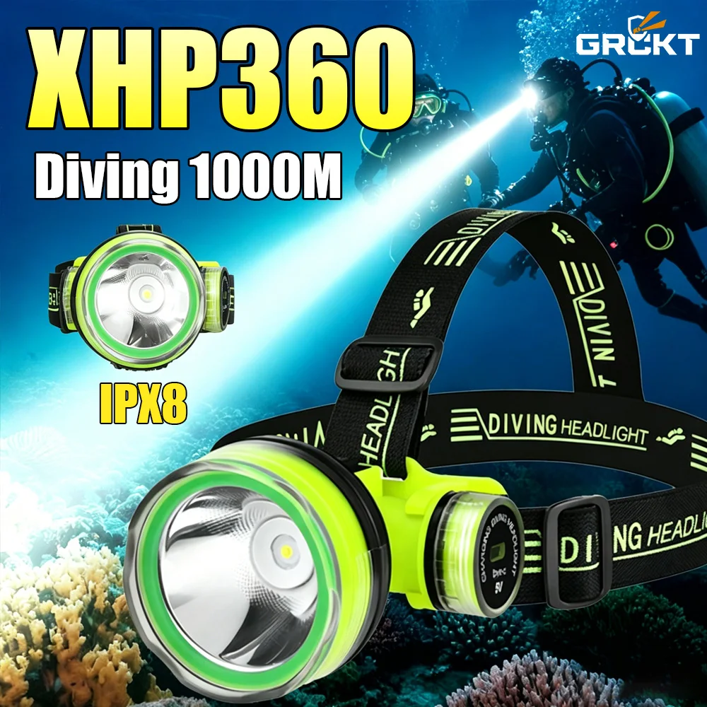 GRCKT XHP360 Professional LED Diving Headlamp IPX8 Rate Waterproof Headlight Underwater 1000M Dive Head Torch Gifts USB 18650