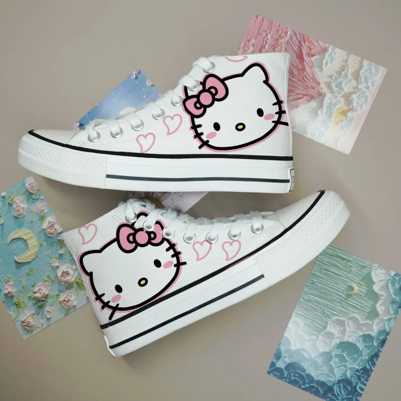 

Hello Kitty Printed White Lace Up High Top Canvas Shoes New Spring Autumn Kawaii Student Women Shoes Cute Couple Sneakers 2000s