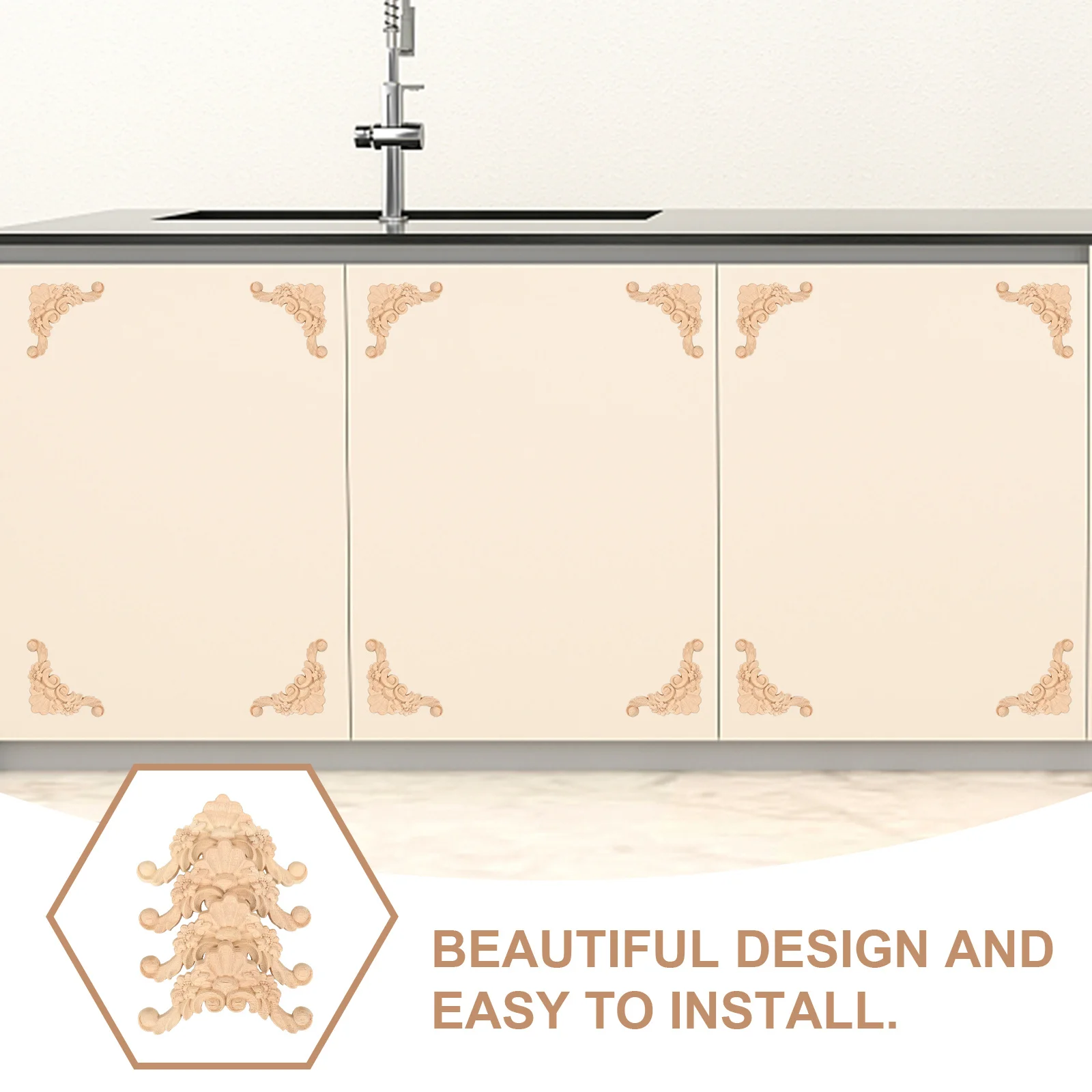 

4Pcs Wooden Carved Onlay Appliques Decorative Wood Decals for Furniture Cabinet Door Vintage Baroque Molding Wooden Appliques