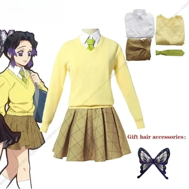 qq681Disfraz de Anime Kochou Shinobu, peluca escolar Agatsuma, traje de corbata de uniforme JK amarillo de Academia