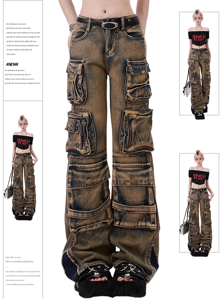 Damen Y2k Baggy Cargo Jeans Harajuku Denim Hose Ästhetische Punk Jean Hose Vintage Japanischer 2000er Jahre Stil Trashy Kleidung 2024