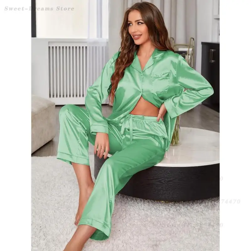 

Сексуальный пижамный комплект: новая коллекция весна-лето, шелковая атласная ночная одежда для женщин, пижама с длинным рукавом (рубашка и брюки), домашняя одежда