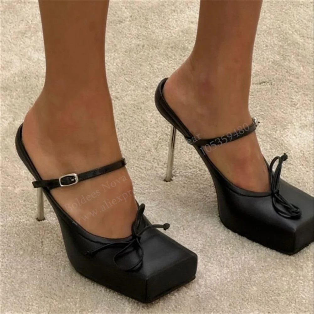 

Black Leather Metal High Heel Pumps Women Sqaure Toe Bow Tie Decor Stiletto Heel Slingback Summer New Ballet Dance Shoes