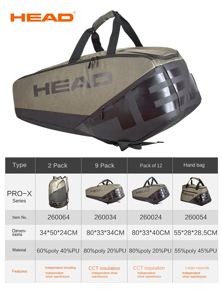 HEAD PROX Series Tennis Racket Bag Large Capacity Backpack Racket Sports Bag Travel Bag Tennis Racket Bag with Shoe Compartment