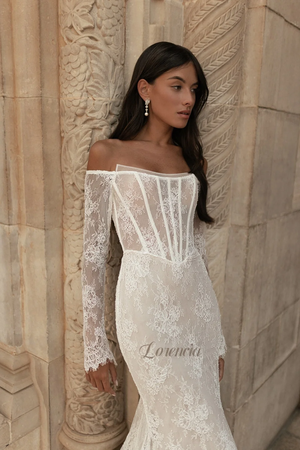 Lorencia Elegant Long Sleeves Lace Mermaid Wedding Dresses Off the Shoulder Boned Basque Fitted Bridal Gowns Customized