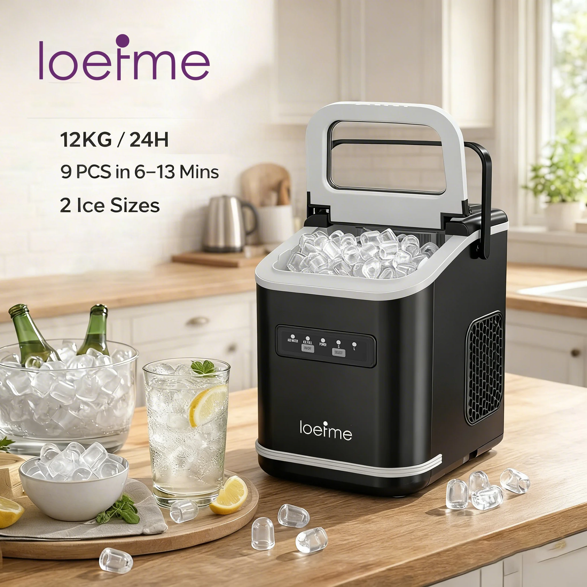LOEFME Portable Bullet Ice Maker Countertop Ice Machine 12KG/24H 9 Cubes 6 Min LED Display 2 Ice Sizes for Home Office