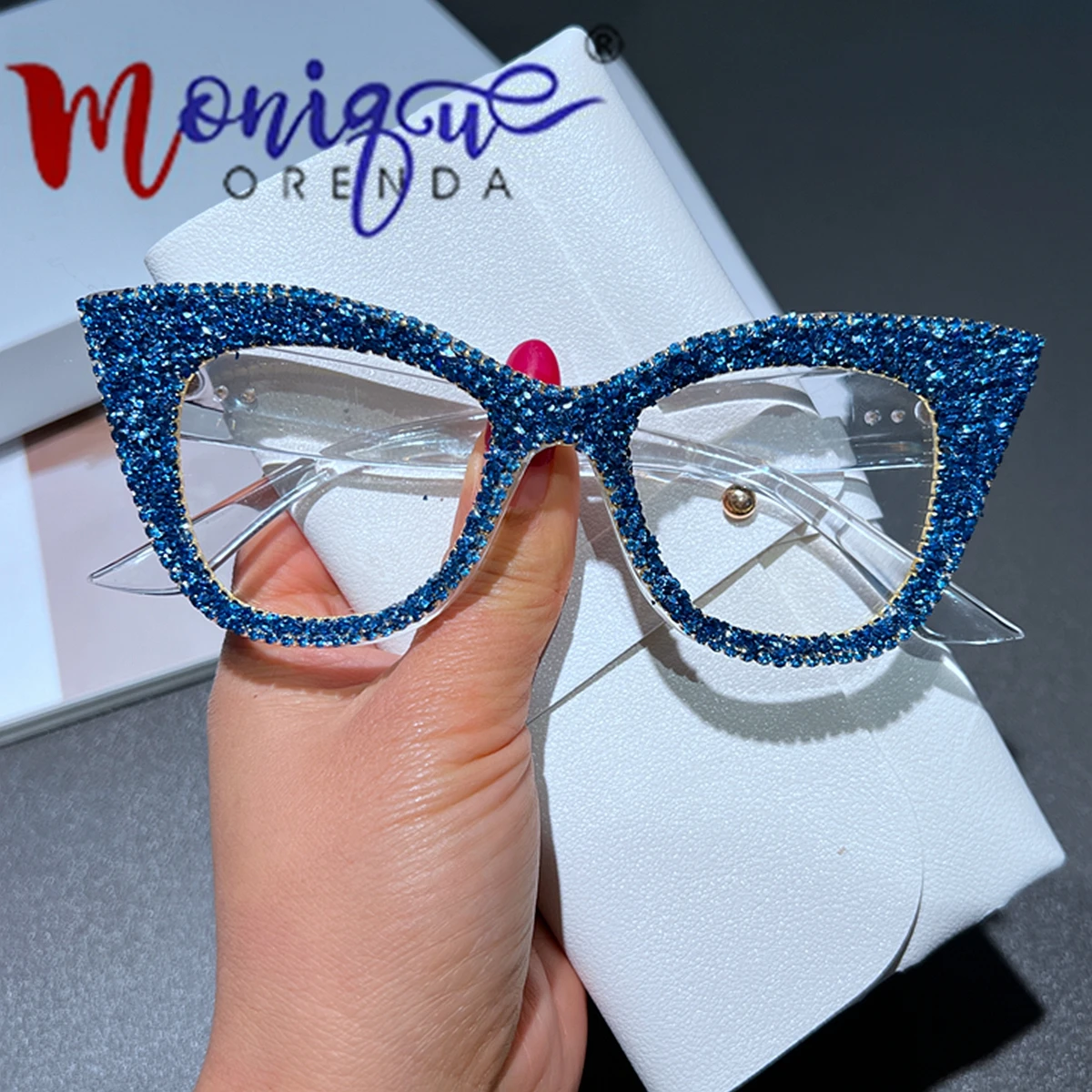 Handmade Mix Stones Decoration Cat Eyes Women Anti Blue Glasses Computer Frame Optical Lenses New Arrival 2024