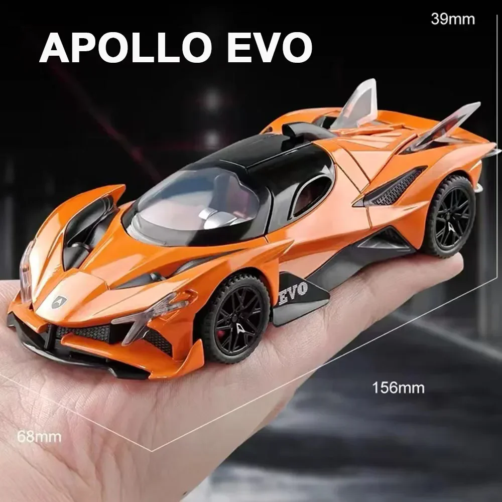 

Модель спортивного автомобиля Apollo EVO из сплава, модель игрушечного автомобиля со звуком, искусственный изысканный дизайн интерьера, автомобиль с откидывающейся спинкой, подарок для детей, игрушки для мальчиков, 1/32