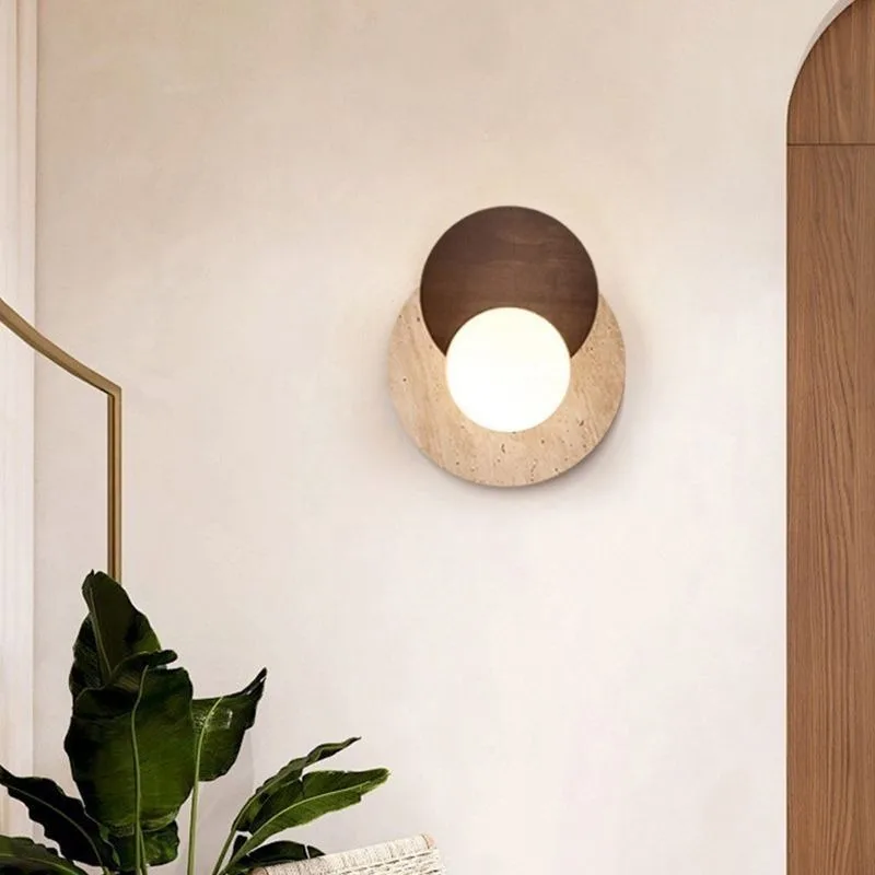 Luma Wabi-Sabi Yellow Travertine Stone Wood Round Wall Lamps for Dining Room Hallway Aisle Bedroom Bedside Background Stair