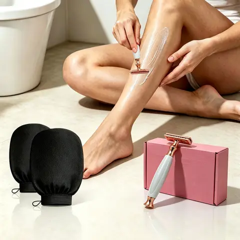 Women Safety Razor Set With 2pcs Exfoliating Glove 10pcs Blades Pearl White Aluminum Handle Wet Shave for Bikini Legs Underarms