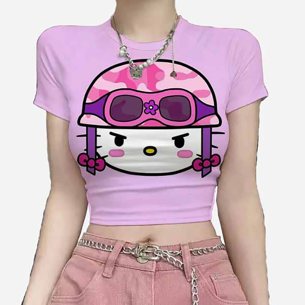 Hello Kitty print Crop T-shirts 2025 Fashion Casual Women Crop Top Summer Retro Sexy E-girl Baby Tee Streetwear Y2k Clothes ﻿