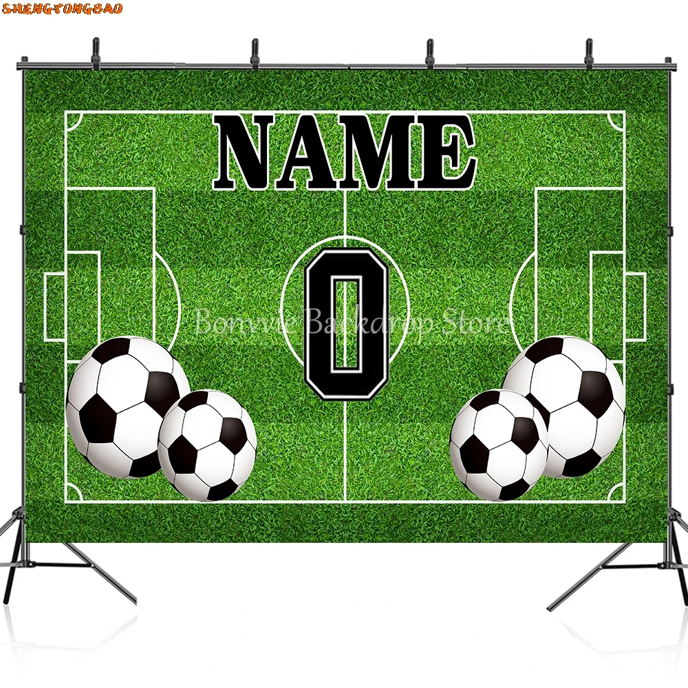 كرة القدم حفلة عيد ميلاد خلفية تخصيص اسم كابينة تصوير خلفية الصبي عيد ميلاد ملعب كرة القدم الرياضة ملصق استحمام الطفل راية