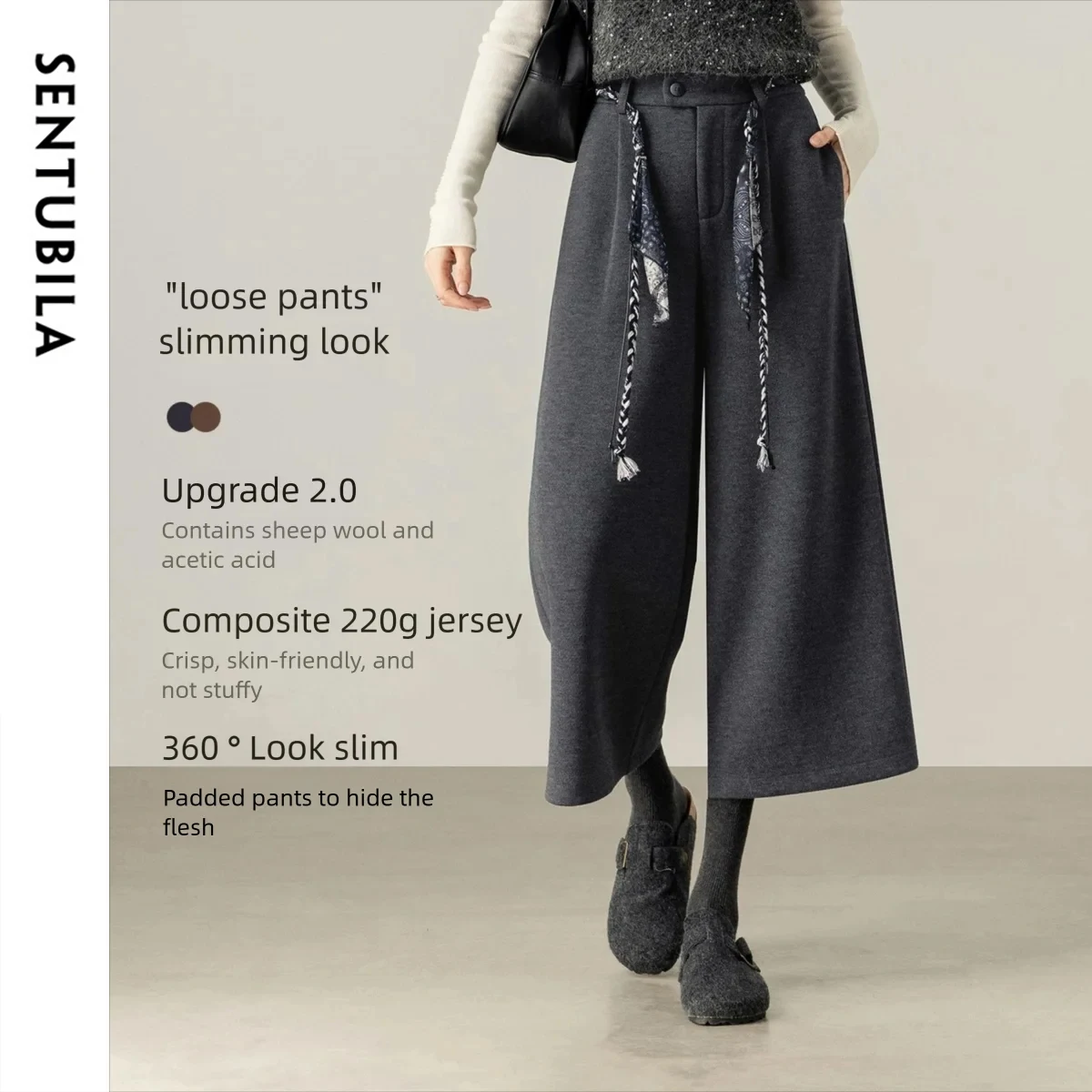 

SENTUBILA Commuter Wide Leg Pants Women 2025 Winter Knitted Elastic Waist Solid Long Trouser Losse Warm Women Clothes 154KD5021