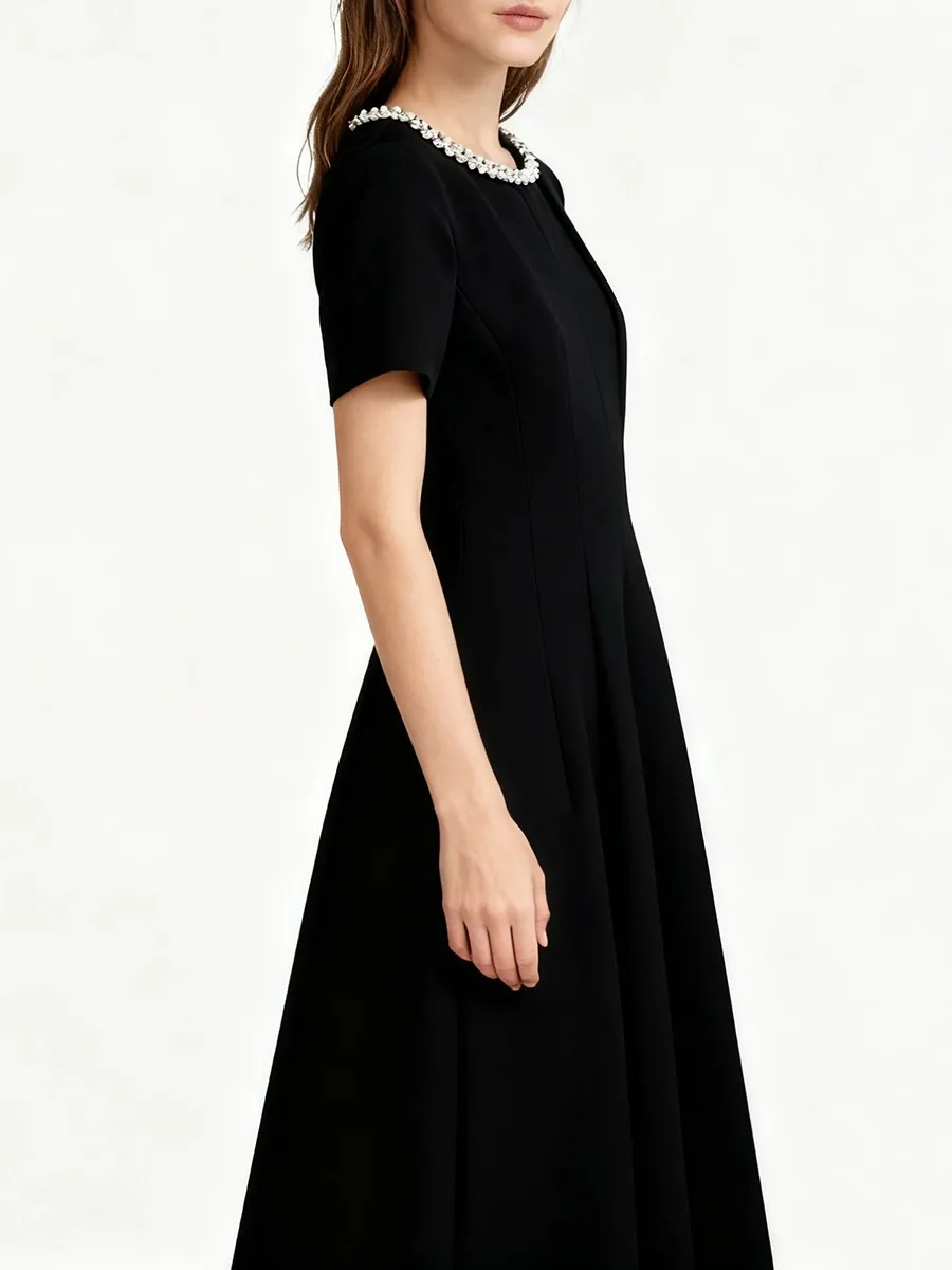 TWOTWINSTYLE Solid Slimming Spliced Bead Elegant Dresses for Women Round Eck Short Sleeves High Waist Basics Dress Female New