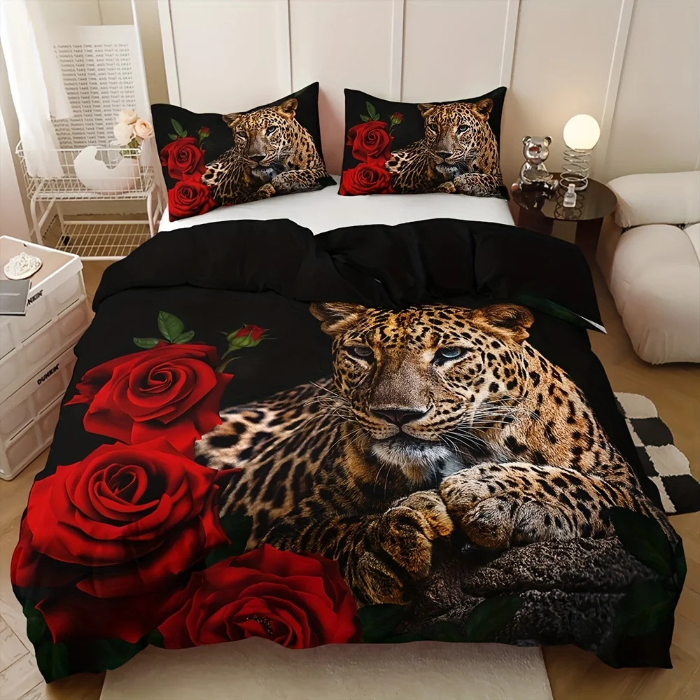 Rose Leopard Print Bedding Set Soft Comfortable Duvet Cover For Bedroom, Guest Room 1*Duvet Cover + 2*Pillowcase Without Core