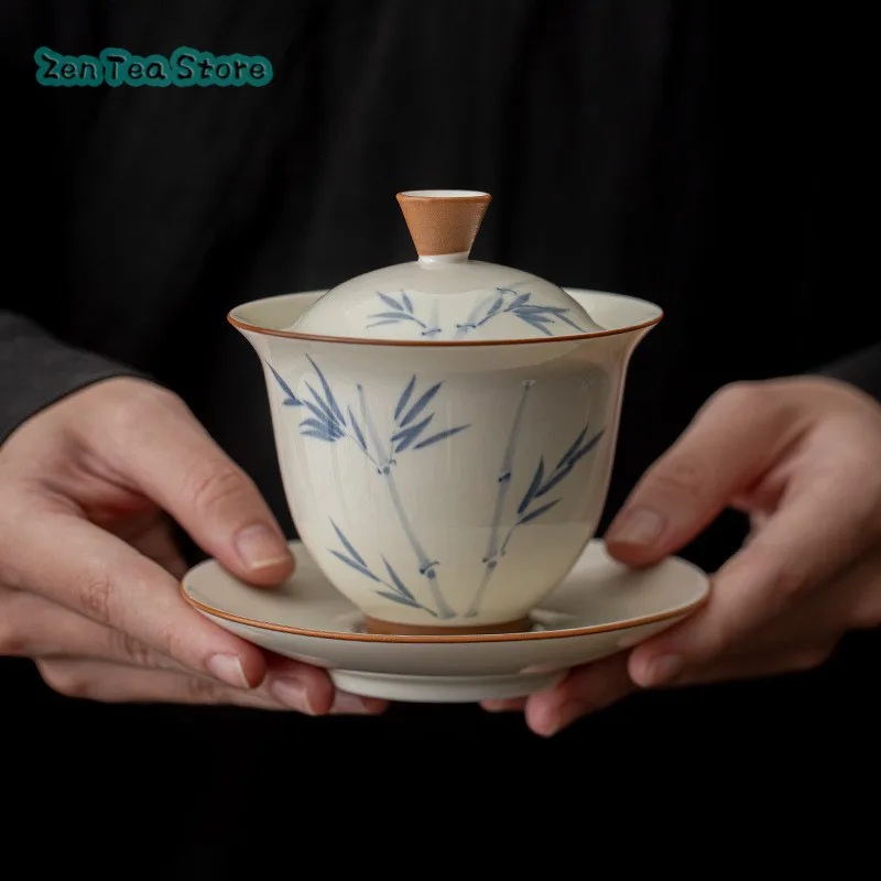 Wood Ash Hand-painted Cover Bowl Under Glaze Color Blue And White King Bamboo Tea Infuser Household High-end Ceramic Tea Bowl