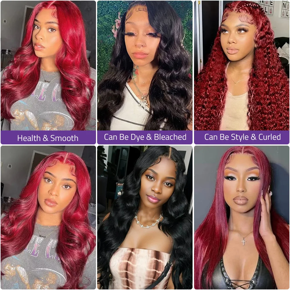 # شعر مستعار 99j مموج باللون الأحمر العنابي مصنوع من شعر بشري 100%، شعر مستعار بدانتيل أمامي عالي الدقة 13 × 6 وشعر مستعار أمامي بدانتيل شفاف 13 × 4.