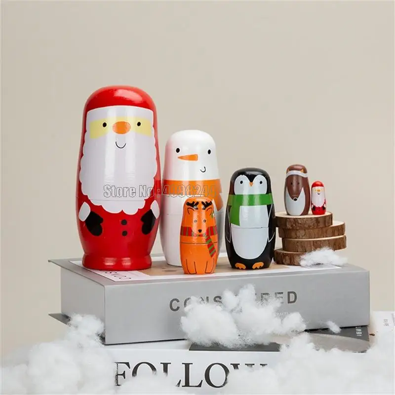 5 Layers Santa Claus Penguin Matryoshka Doll Wooden Snowman Russian Nesting Kid Birthday Christmas Day Gift Toy