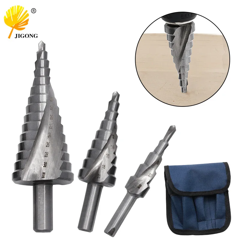Triangular Shank Silver Spiral Groove Step Drill, High Speed Steel 4241 Pagoda Drill 4-12 4-20 4-32mm White Drill