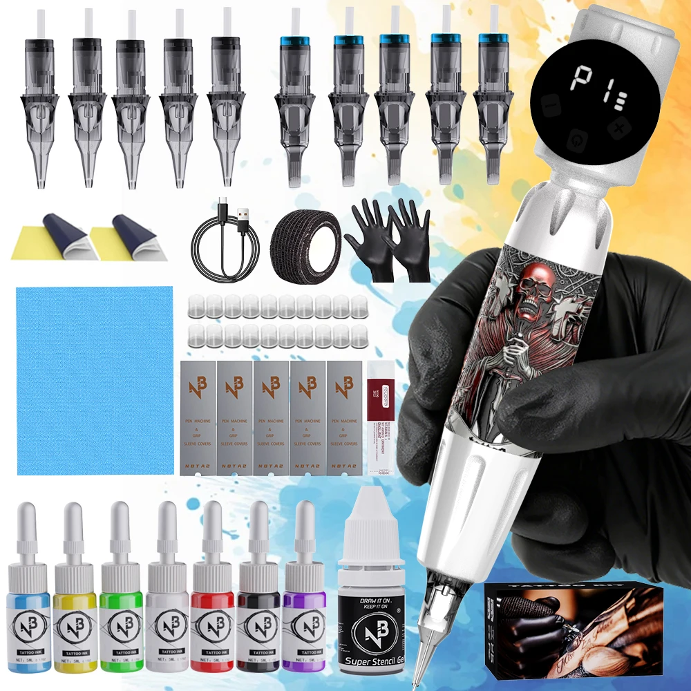 

Tattoo gun kit, complete tattoo gun set, including 10 tattoo cartridge needles and 7 colors of tattoo ink, suitable for tattoo beginners and tattoo artists