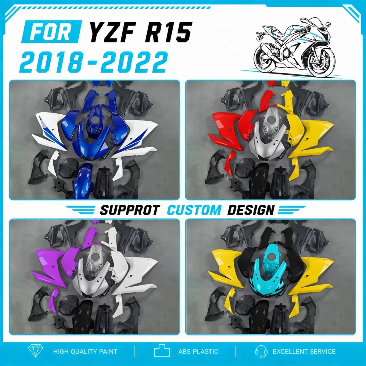 Easy Install Fairing Kit Replacement ABS Plastics for YZFR15 YZF R15 2018-2022 18-22 Injection Fairings Body Panels