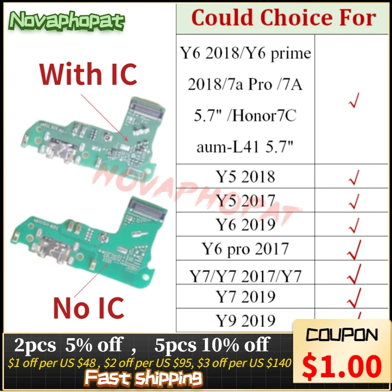 Novaphopat Charging Port For Huawei Y5 Y6 Y7 Y9 Prime 2017 2018 2019 7A Pro Y6pro USB Dock Charger Flex Cable Microphone Board