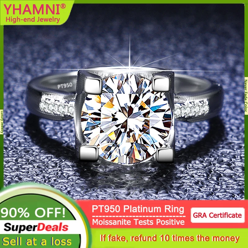 YHAMNI Fine Jewelry 100% PT950 Platinum Ring Round 0.5ct 1ct 2ct Diamond Moissanite Ring Anniversary Wedding Band Gift for Women