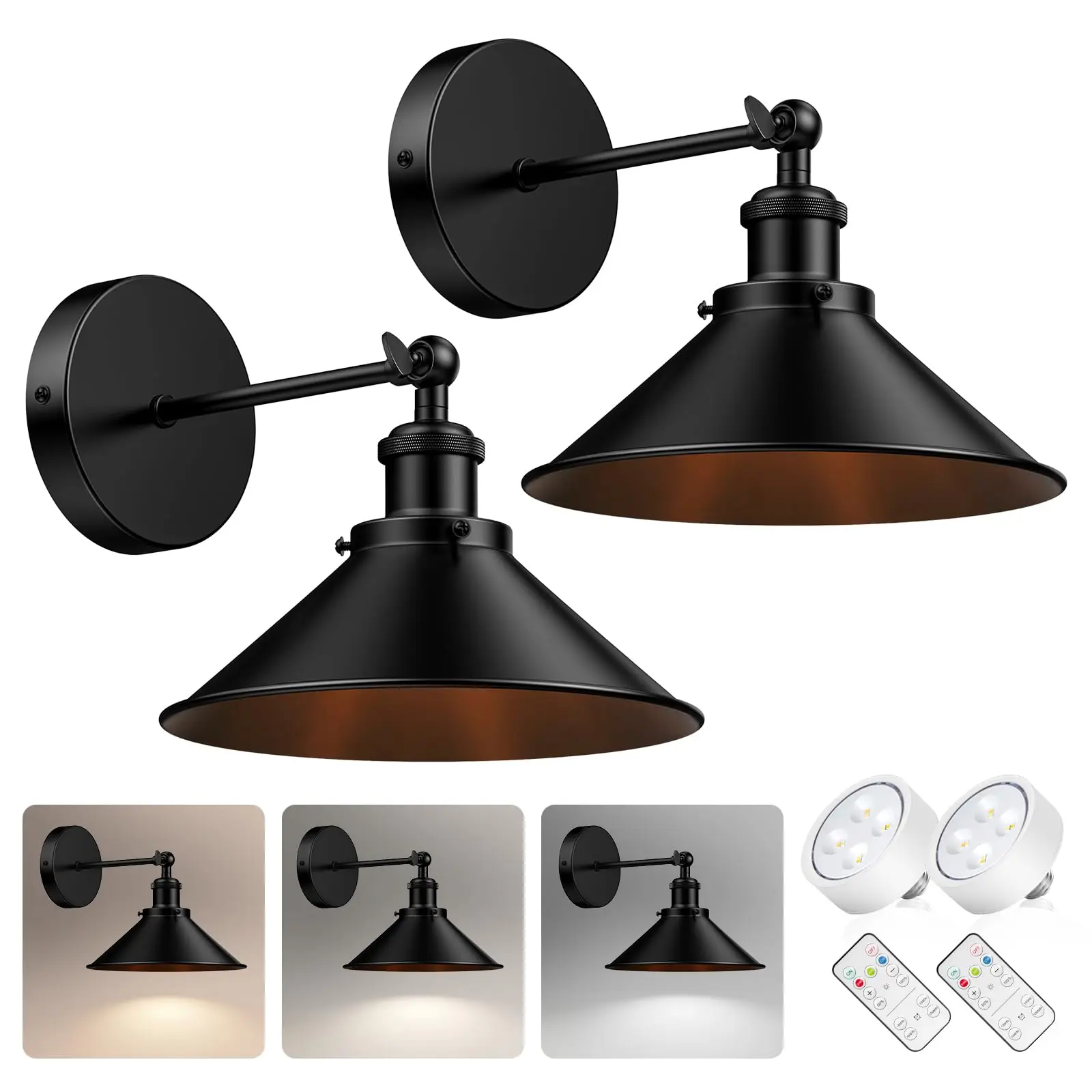 

NookNova 2 Pack Battery Operated Wall Sconces Black Metal Industrial Wireless Wall Lights with Remote Control