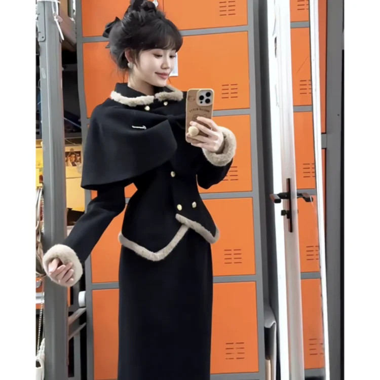 Inverno conjunto de três peças feminino estilo menina rica design destacável capa manga longa casaco cintura alta magro ajuste saia outfit