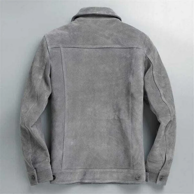 Men's Gray Leather Jacket Shirt Soft Suede Leather Trucker Shirt Jacket