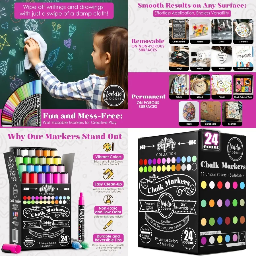 

Крейдяные маркеры Loddie Doddie — 24 упаковки с двусторонними наконечниками диаметром 6 мм для искусства и декора — цветные меловые ручки идеально подходят для стекла и металла Mir