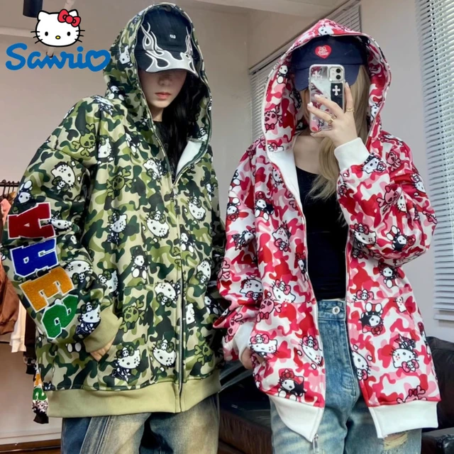 Sanrio Hello Kitty Camo Pure Cotton American Street Print Hooded Sweatershirt For Men And Women Loose Oversize Top Trend Hoodie AliExpress