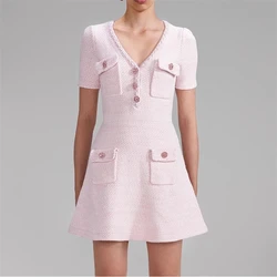 Summer new women's V-neck multi-pocket diamond button decorated short-sleeved knitted dress y2k fashion commuter slim mini skirt