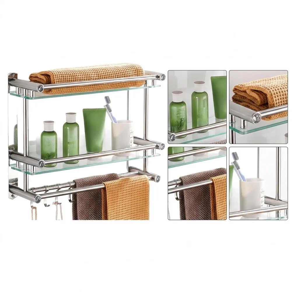 Stainless Steel Wall Mounted Shelf with Dual Tempered Glass Layers for Bathroom Towel and Essentials Placement