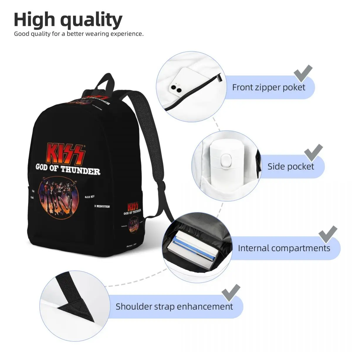 KISS The Band Rock Music Backpack Lightweight High School Hiking Travel heavy metal Daypack for Men Women Laptop Canvas Bags