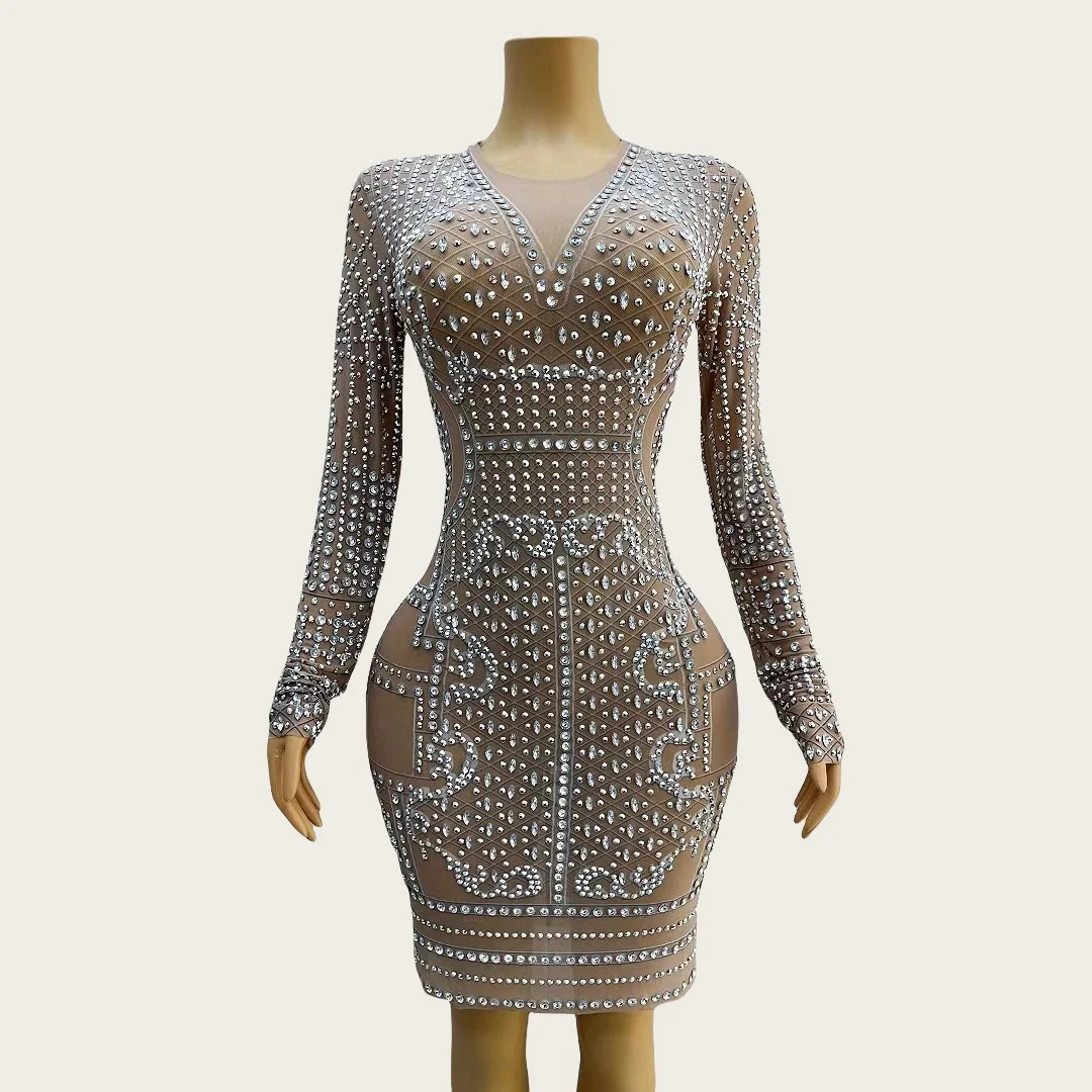Magua Luxury Sparkly Rhinestone Tight Fitting Dress Long Sleeved Sexy Mesh Short Dress Event Prom Party High-end Women Couture