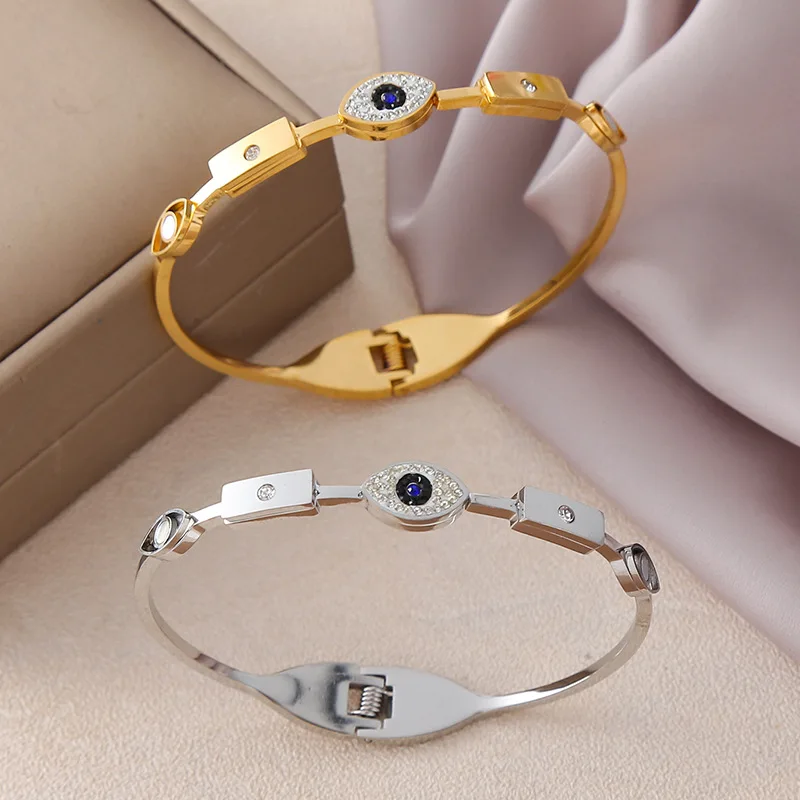 

Trendy Retro Devil's Eye Stainless Steel Bracelet Bangle for Women with Luxury Rhinestones Golden Bangle Waterproof Jewelry Gift