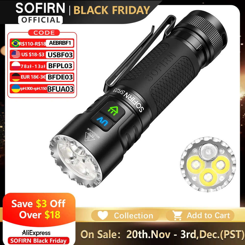sofirn-sr23-3300lm懐中電灯-6500k-uv-365nm-edcライト-21700-usb-c充電式-デュアルスイッチ-トーチ-マグネット式テールキャップ付き