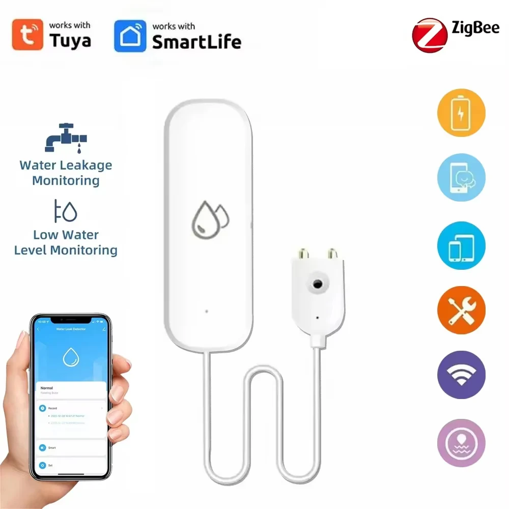 Tuya Smart Zigbee Sensor de fugas de agua, alarma, Detector de nivel de agua, Sensor de fugas de inundación, Control por aplicación Smart Life, sistema de seguridad