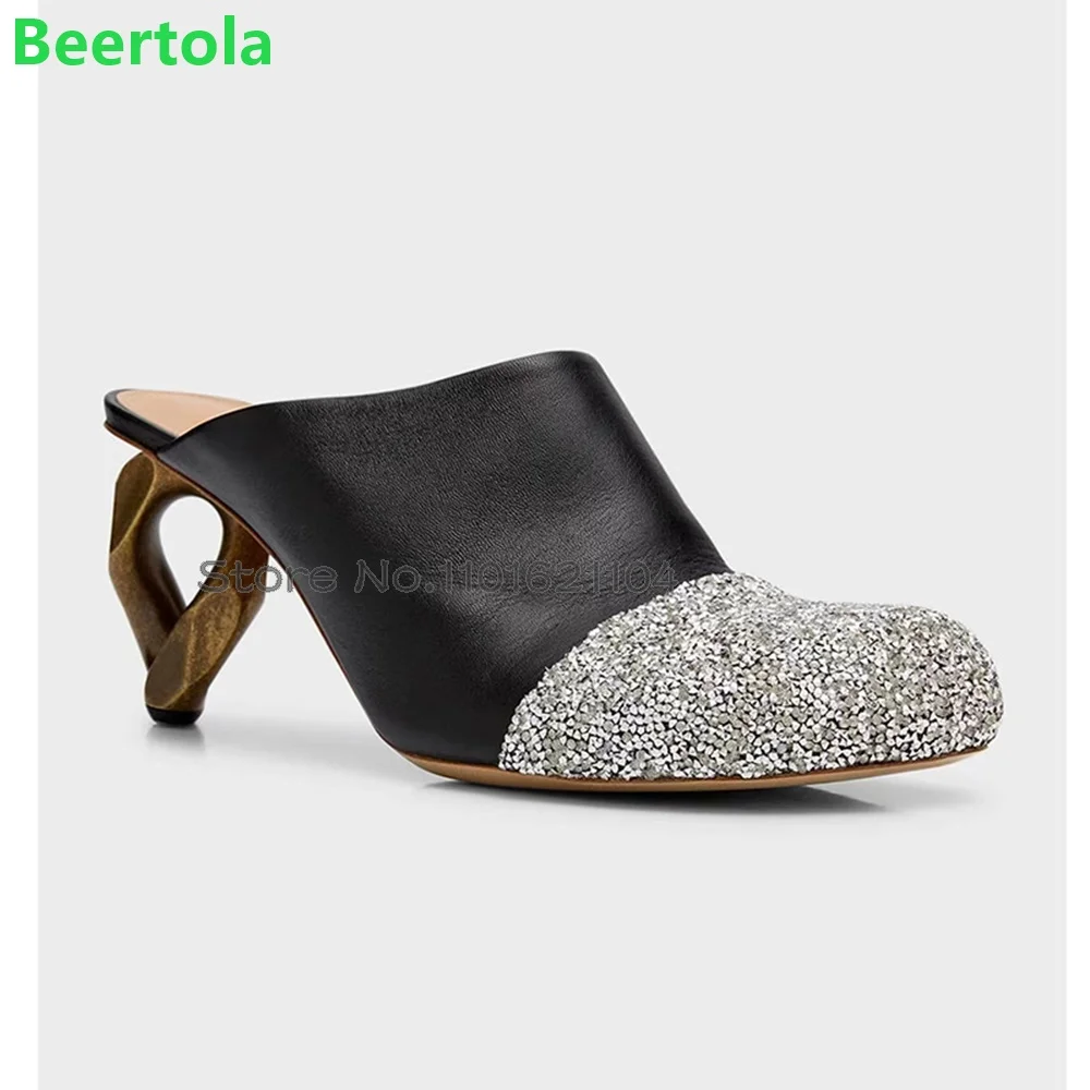 

Strange Heel Crystal Round Toe Slippers For Female Women 2024 New Mule Black/white Outside Elegant Size 34-43 All-match Shoes