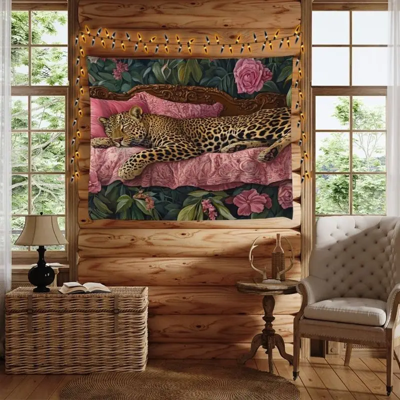 VIKAMA Retro Flower Leopard Tapestry, Bohemian Wall Hanging, Vintage Animal Wall Decor for Bedroom Living Room