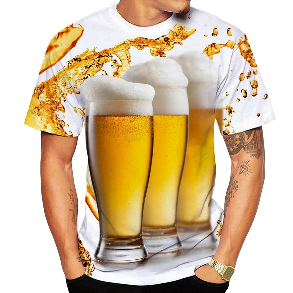 Fashion Men's 3D Beer Cup Splash Print T Shirt Realistic Beer Glass Pattern Short Sleeve Tee Funny Party Casual Summer Tops