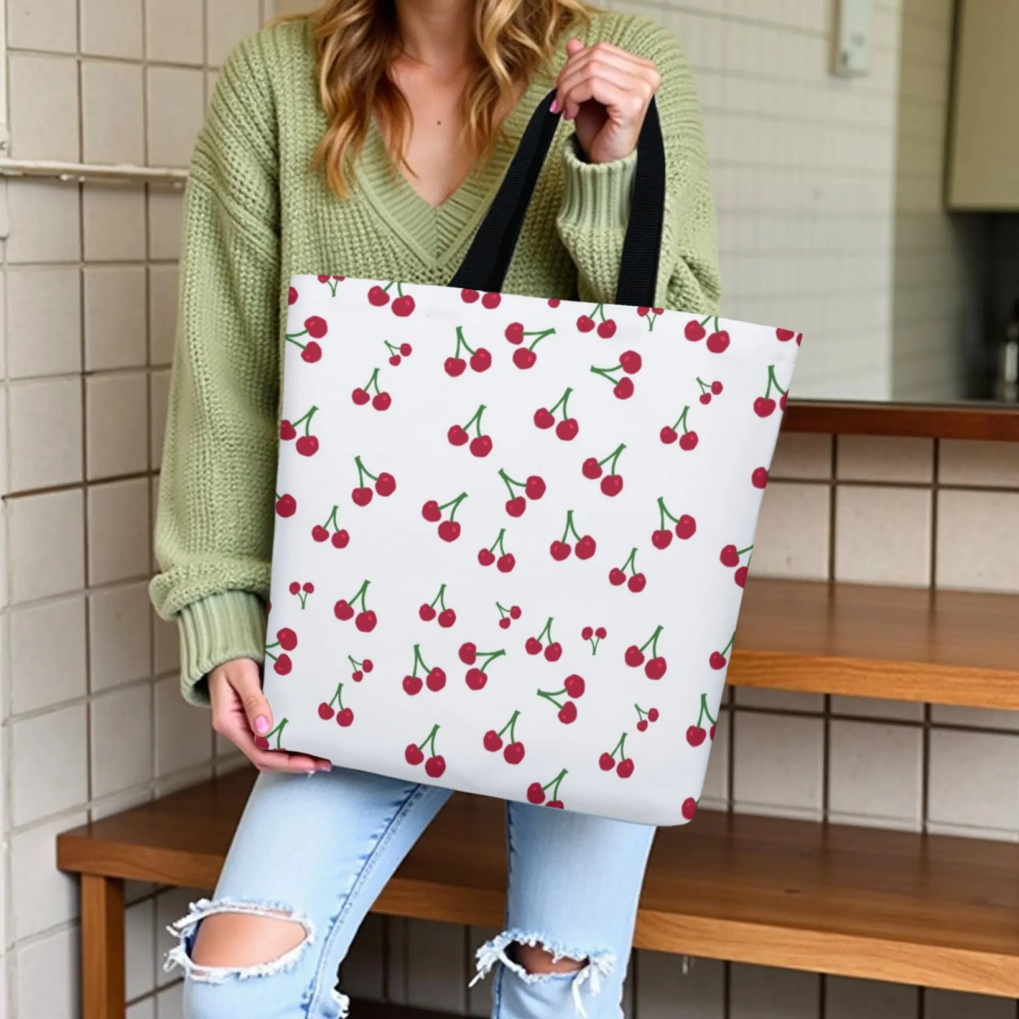 Vibrant Cherry Canvas Women Tote Bag White Fruit Design Eco-Friendly Suitable for Summer Markets Fruit Picking & Weekend Trips