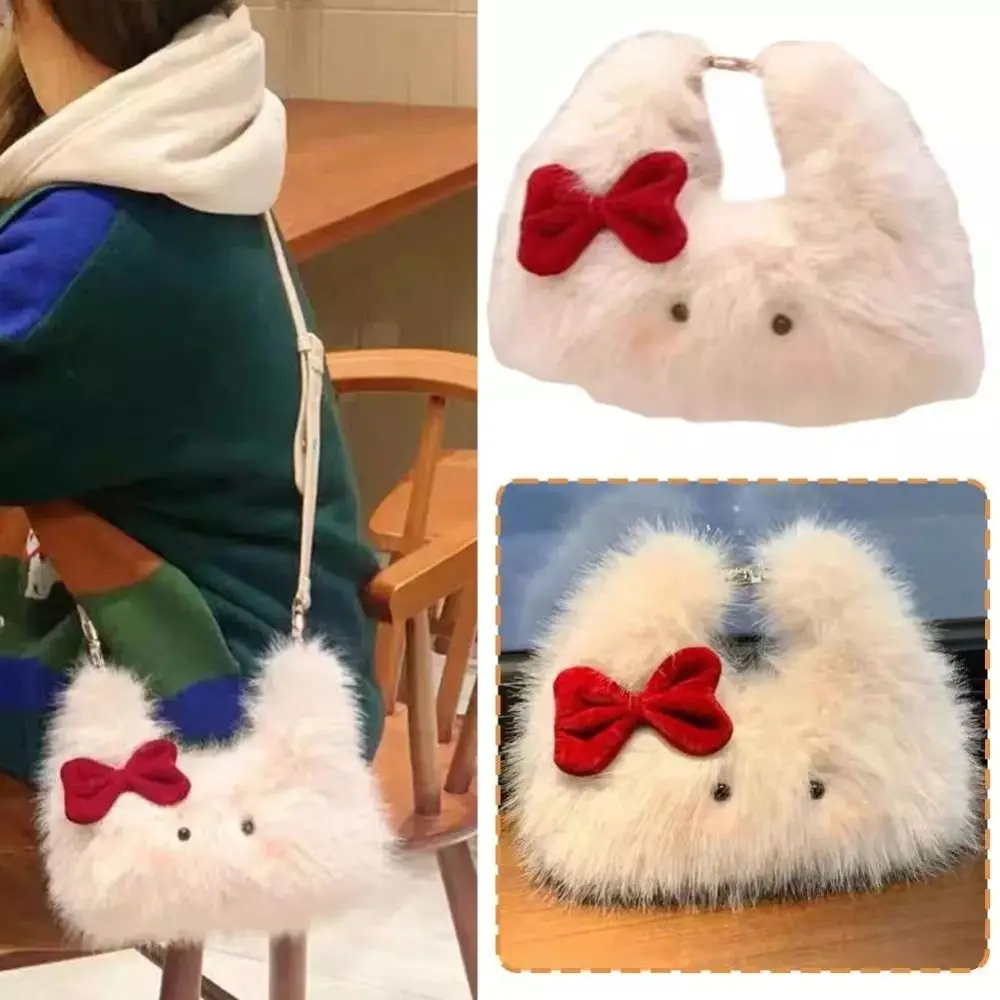 Cartoon Plush Plush Handbag Bow Sweet Cat Underarm Bag Large Capacity Crossbody Bag for Women