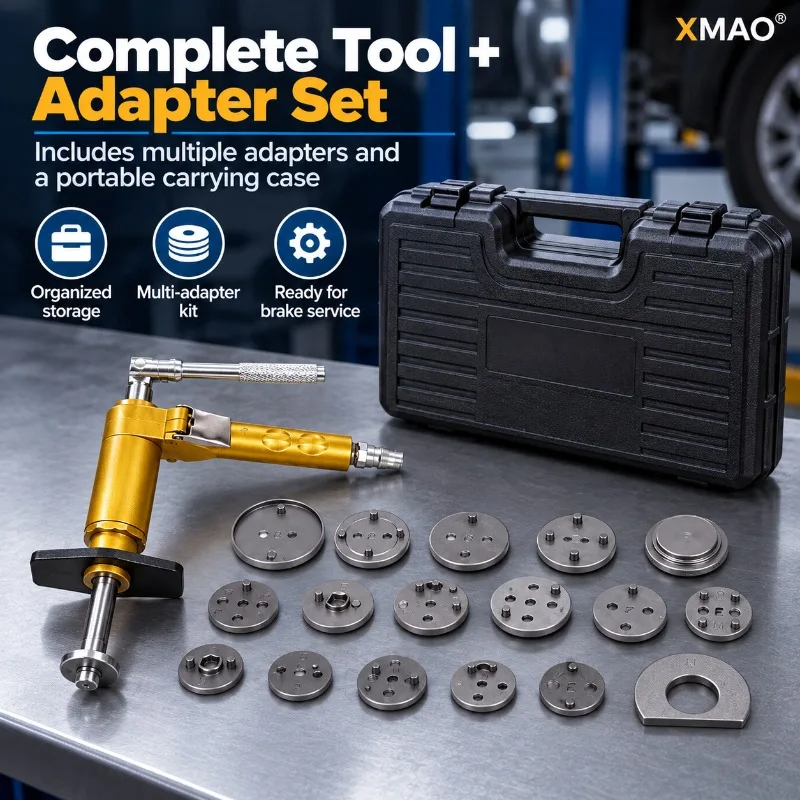 Pneumatic Brake Piston Reset Tool Kit with 16 Adapters, Air Assisted Caliper Rewind Compressor for Brake Pad Replacement