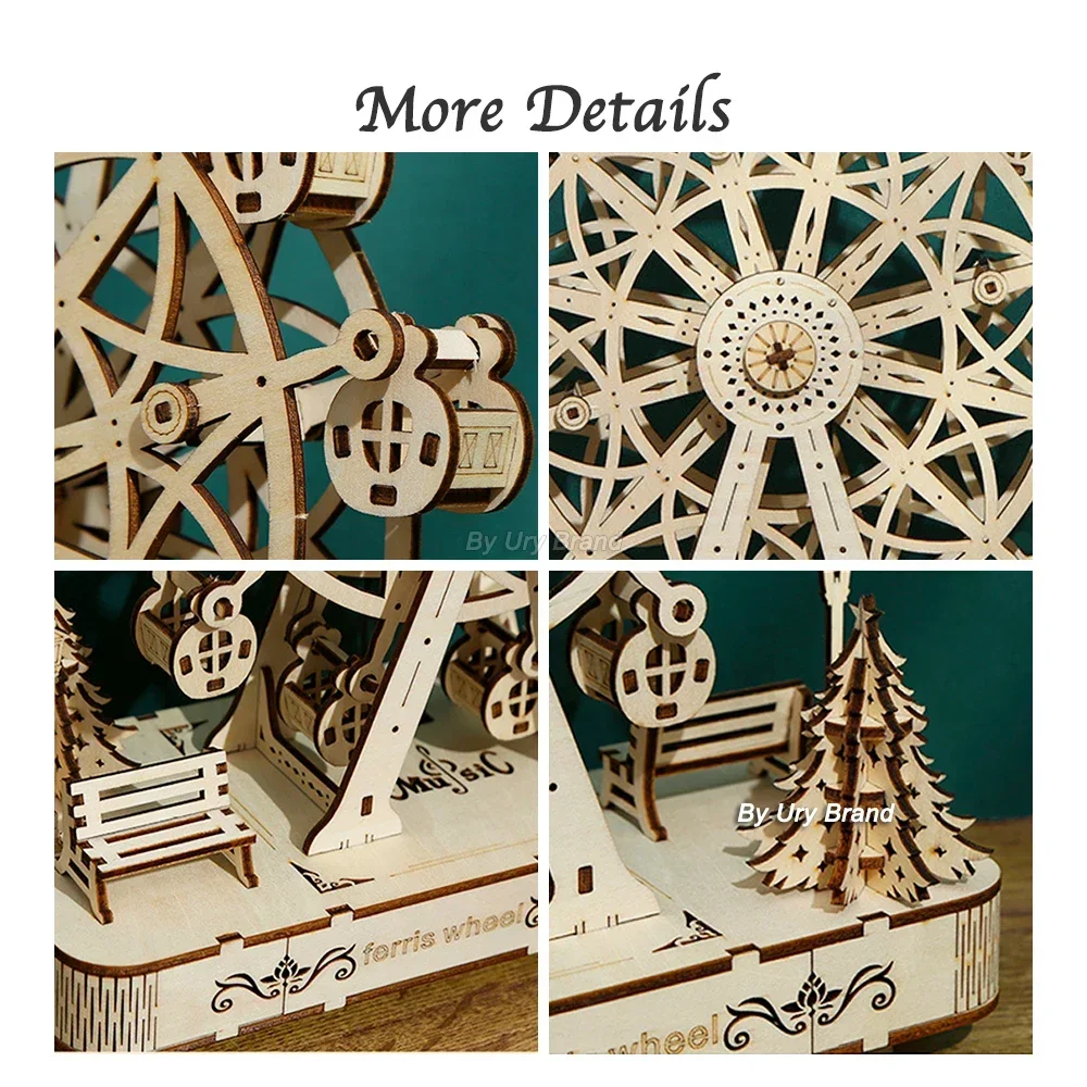 Rotatable DIY 3D Puzzles Ferris Wheel Music Octave Box Wooden Model Mechanical Kits Assembly Decor Toy Gift for Children Adult