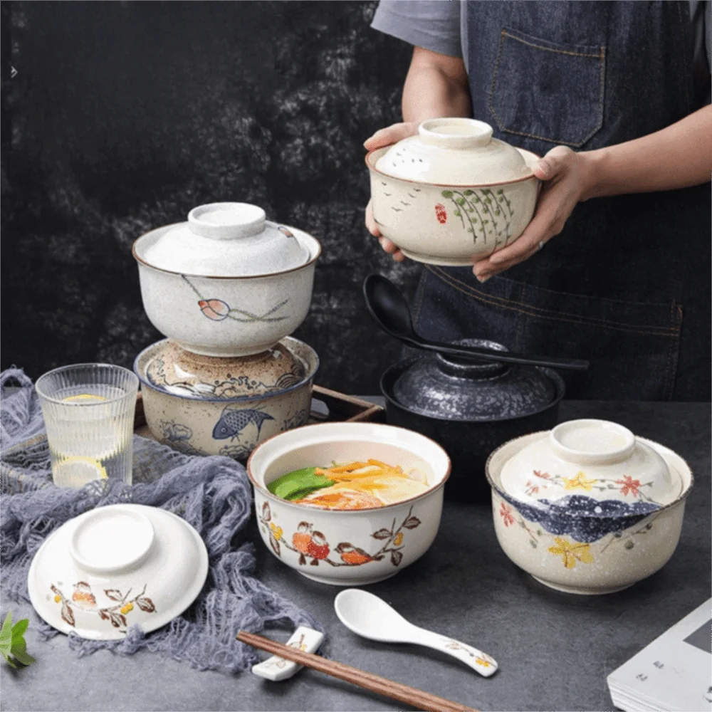 6.5inch Japanese Style Ceramic Ramen Bowl with Lid Vintage Instant Noodle Bowl Large Capacity Underglaze Painting Soup Bowls