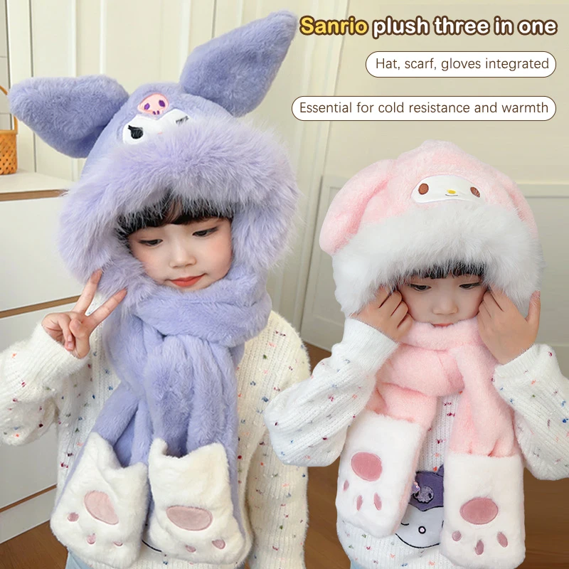 Sanrio My Melody Integrated Hat Scarf Cartoon Cute Cinnamoroll Plush Thickened Winter Plush Warm Child Hat Gloves